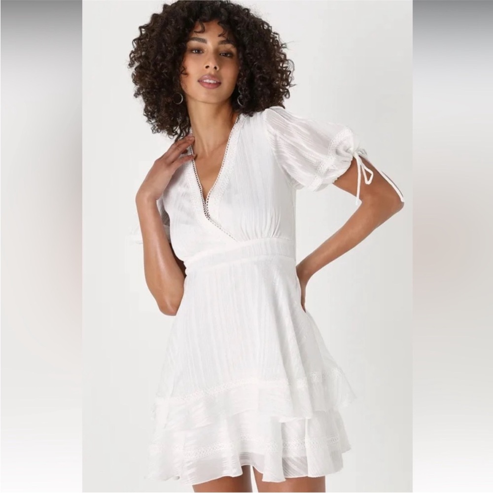 NWT Lulus Adorable Essence White Striped Puff Sleeve Mini Dress